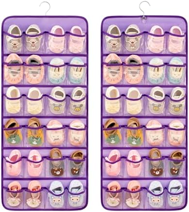 Dual-sided Baby Shoe Organizer Closet Hanging Toddler Shoes Storage for Kids Bow Socks Underwear Holder with 48 Clear Pockets (Purple)
