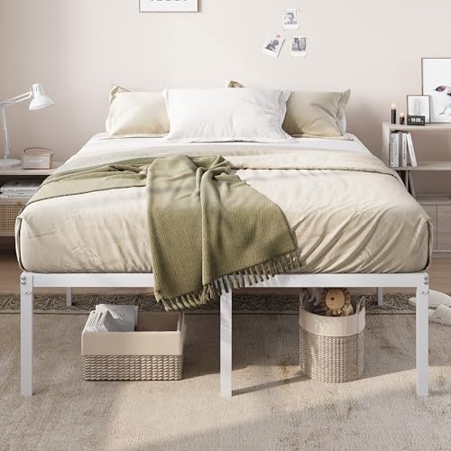 Allewie Full Size Bed Frame, 18 Inch Metal Beds with Storage Space, White