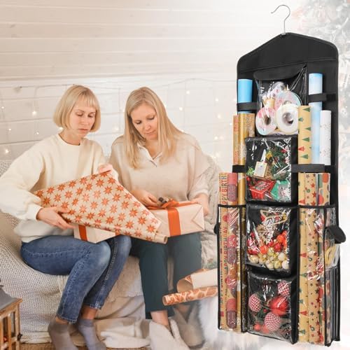 EXLIFBAG Wrapping Paper Storage, Double-Sided Hanging Storage, Black | Gift Wrap Organizer with Over-Door Hook, 600D Oxford Fabric, Clear PVC Pockets, 16 x 41 inch