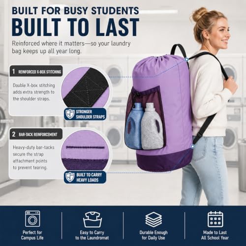 Backpack Laundry Bag, Durable polyster Laundry Backpack Bag with Shoulder Straps, Drawstring Closure & Mesh Pocket, Large Clothes Hamper for Dorm, Travel, Laundromat (Purple)