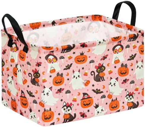 Pink Halloween Storage Basket for Girls, Pumpkin Ghost Bat Spider Design