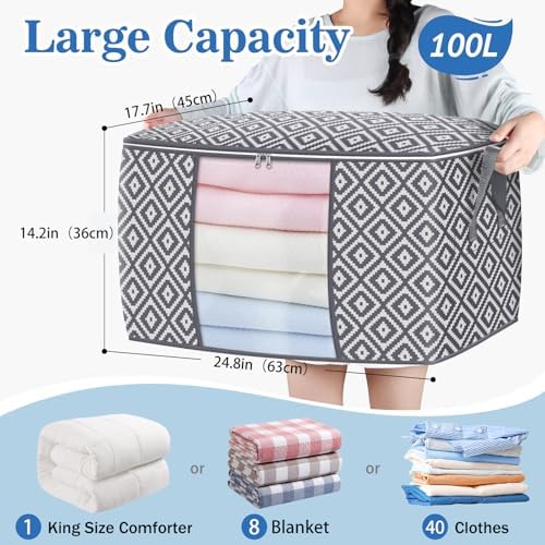 100L 3 Pack Storage Bags, Foldable Clothes Bins with Clear Window, Gray
