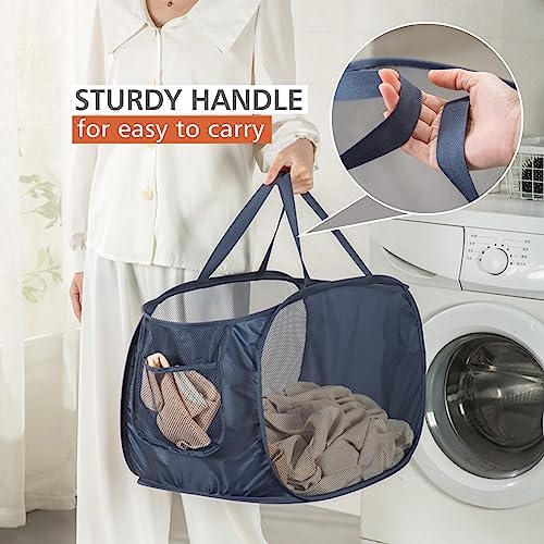 Sturdy Mesh Laundry Hamper Basket Bag,collapsible Pop up for Laundry Room | Folding Foldable Baskets with Side Pocket Travel Clothes Organizer for Bathroom,Kids Room,College Dorm (Horizontal,Beige)