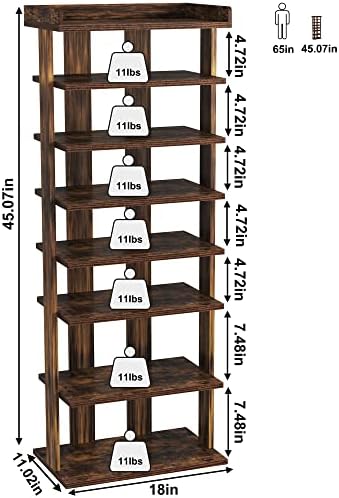 HOMEFORT 7-Tier Wood Shoe Rack, Double Rows Shoe Shelf, Shoe Storage Stand, Entryway Shoe Tower, Vertical Shoe Organizer for Narrow Closet, Entryway, Hallway, Rustic Brown