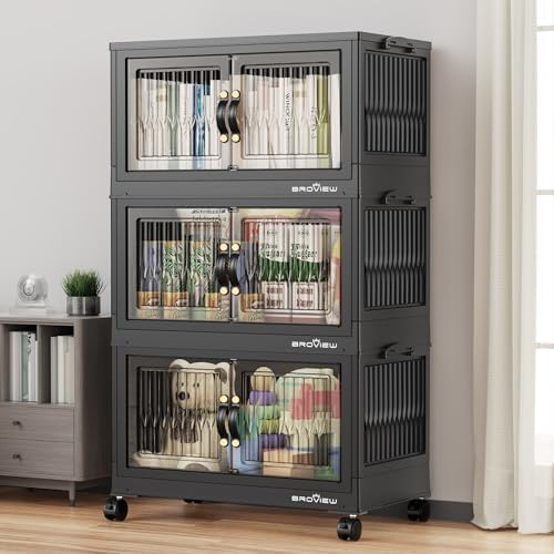 BROVIEW 180Qt Stackable Storage Bins with Lid & Wheels, Plastic Collapsible Closet Organizers and Storage Drawers for Clothes | Foldable Storage Cabinet Container for Dorm Kitchen 3Pack Black