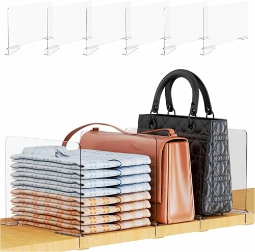 Yieach 6 Pack Acrylic Shelf Dividers for Closet Organization,Towel,Sweater,Purse Organizer - Adjustable Height - Vertical Shelf Separators for T Shirt,Clear Closet Shelf Divider for Wood Shelves