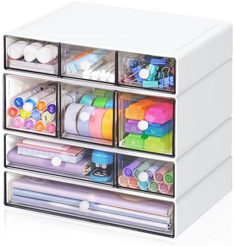 Desk Storage Organizer with 9 Drawers, 4 Tiers Stackable Desktop Craft Storage Drawers, Clear Storage Box Caddy for Stationary Makeup Jewelry Office Craft Supplies (White)