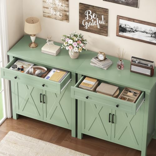 Farmhouse Shoe Storage Cabinet, 5-Tier High Boots Organizer with Adjustable Shelves, Large Drawer & Barn Doors, Entryway Shoe Rack for Hallway Living Room, Green