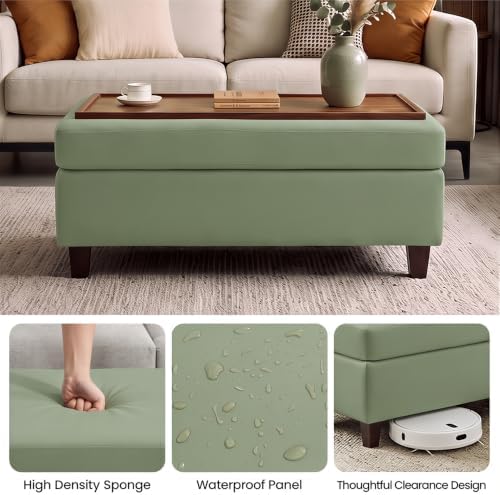 GENTEACO 45" Ottoman Coffee Table with Storage, Reversible Wooden Tray Top, Large Leather Upholstered Ottoman, Hidden Storage Foot Rest Bench for Living Room, Bedroom, Entryway,Green