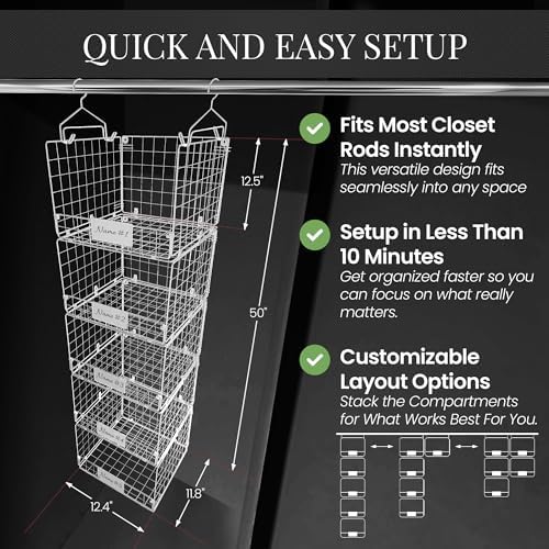 DECOLURE 5-Tier Adjustable Hanging Closet Organizer – Maximize Hanging Storage w/ 4 Hanging Hooks, 8 S Hooks & 5 Name Plates - Sturdy Foldable Wire Storage Hanging Shelves for Clothes, Towels (White)