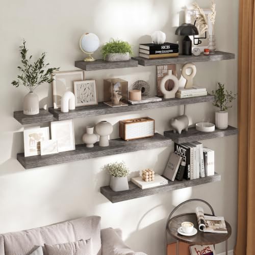 36 Inch Floating Shelves for Wall 2 Pack, 8"D Wood Grain Bathroom Shelves | Invisible Brackets, Grey Oak Finish, Easy Install | Engineered Wood Storage Shelves for Kitchen, Study, Bedroom