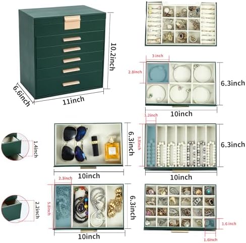 BOOVO Jewelry Boxes for Women, White and Black 6 Layer Large Jewelry Box for Necklace, Bracelet, Earrings, Rings Storage, Jewelry holder Organizer for Girls Gift (Retro Green, 6 Layer)