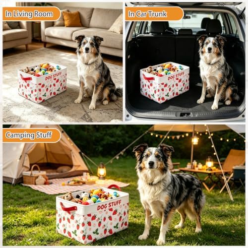 KOOLTAIL Dog Toy Basket, Collapsible Dog Toy Bin Box with Drawstring Cinch Top &Handles, Pet Food Storage Organizer for Dog Toys, Apparel, Blankets and Leashes, Pink Strawberry, M, 15.3"x11"x9.5"