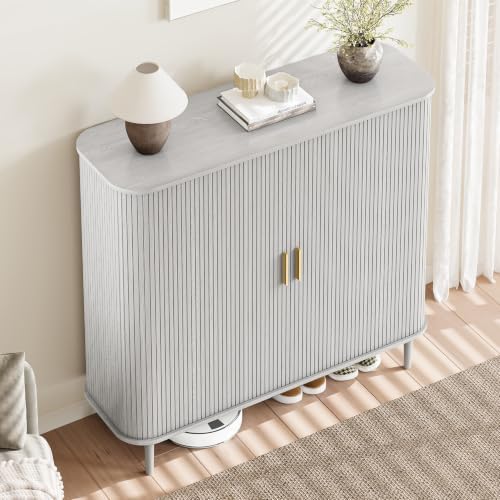 DHH Shoe Storage Cabinet with Sliding Door, 6-Tier Shoe Cabinet with Adjustable Shelves, Modern Freestanding Shoe Storage Organizer for Entryway, Hallway, Living Room (Washed Grey, 47 ")