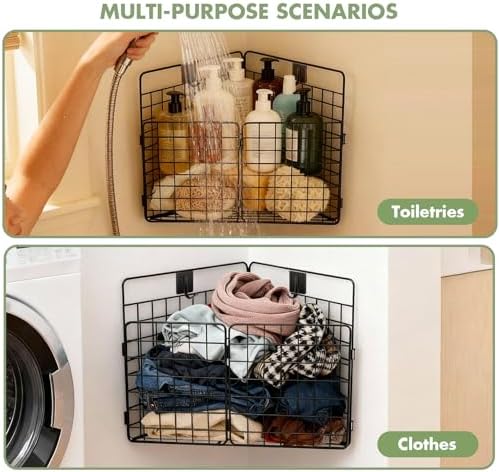 Greentainer Corner Bath Toy Storage Organizer, Large Rustproof Metal Wire Basket, Foldable Wall Mounted Hanging Bathtub Toy Holder with Drainage, No Drilling Adhesive Shower Caddy for Bathroom Tub
