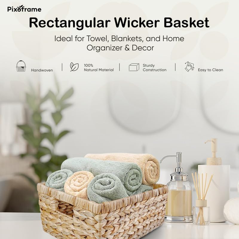 Large Handwoven Water Hyacinth Storage Wicker Basket with 2 Handles - Brown | Handcrafted Rectangular Organizer, Sturdy Iron Frame, Ideal for Towels, Blankets, Shelves & Décor - 15"x 11"x6.75"