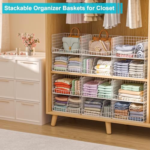 Hongtamoya 4-Tier Closet Organizers and Storage Basket with Divider, Foldable Closet Shelf Organizer System, Space-Saving Clothes Storage Drawer Organizer Bins for Wardrobe Cupboard, White