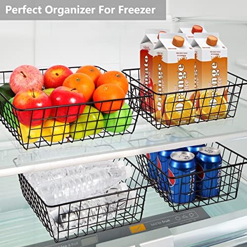 Wire Baskets for Organizing 4 Pack Pantry Baskets For Storage 11x8.7x4.7in | Wire Baskets for Kitchen Refrigerator Freezer Cabinet Shelf Garage,Metal Bin with Side Handles for Easy Pull (Black)