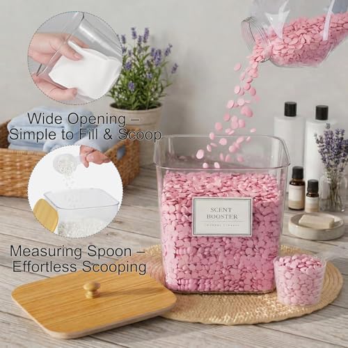 FUSHITON Laundry Pods Storage Container, 2+1 Set Clear Storage Bins with Bamboo Lids for Detergent Pods, Scent Beads & Dryer Sheets, Includes 16 Labels and 3 Measuring Scoops