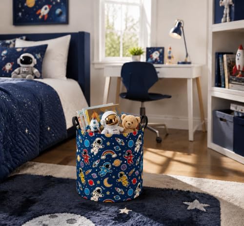 MAIZMZ Kids Storage Bin Astronaut Space Hamper,15.7" D x 19.7" H Waterproof Linen Laundry Basket with Leather Handles for Boys Room, Gifts