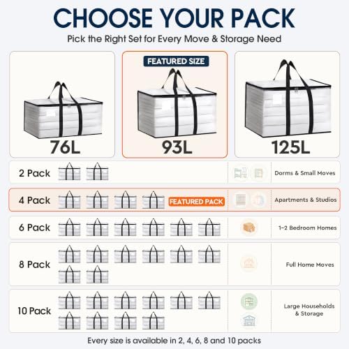 HomeHacks Moving Bags, Heavy Duty Storage Bags for Clothes, 6 Pack 93L