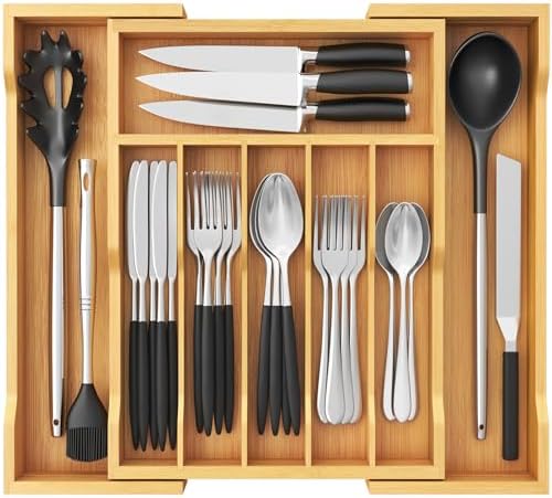 Lifewit Silverware Drawer Organizer, Wooden Utensil Tray for Kitchen | Expandable Flatware and Cutlery Holder, Adjustable Storage for Spoons Forks Knives, 13-22x15", Natural