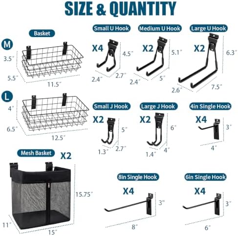 Slatwall Accessories Set: Metal Basket, Mesh Basket and Hooks | Heavy-Duty Slat Wall Organizer Kit for Garage Storage, Wire Basket, Mesh Basket with Zipper and Hooks Wide Assortment