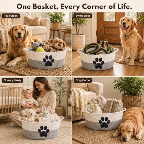 Dog Toy Basket with Handles, Grey Cotton Rope Storage Bin Organizer