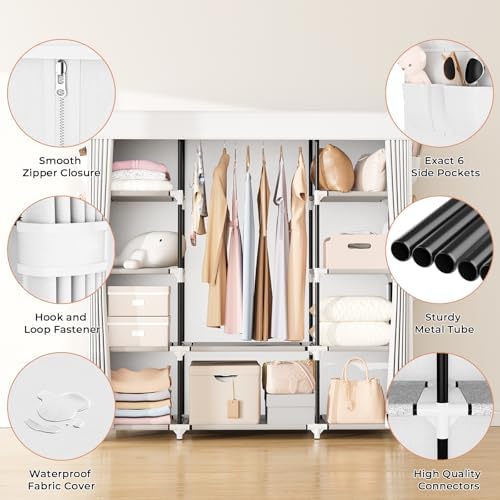 VTRIN Portable Closet Wardrobe for Hanging Clothes 57.3 Inch Large Capacity Clothes Rack with Cover, 10 Storage Organizer Shelves, 1 Hanging Rods and 6 Pockets, Free Standing Closet, White