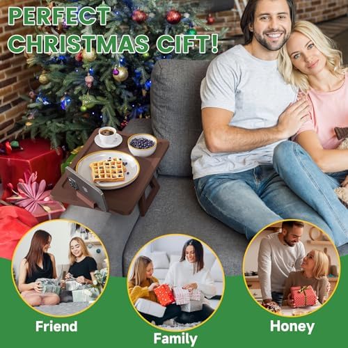Bamboo Sofa Tray,Couch Arm Table, Clip-On Armrest Tray Table for Wide Couch Foldable Tray with 360° Phone Holder Couch Arm Tray for Eating/Drinks/Snacks/Remote，Brown