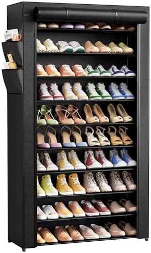 Kitsure 10-Tier Shoe Rack with Cover, Tall Shoe Shelf, 33" Wide, Black