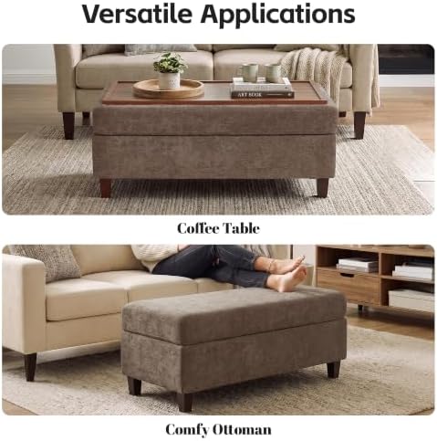 GENTEACO 45" Ottoman Coffee Table with Storage, Reversible Wooden Tray Top, Large Chenille Upholstered Ottoman, Hidden Storage Foot Rest Bench for Living Room, Bedroom, Entryway,Brown