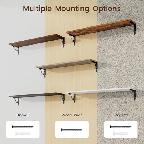 RICHFOCUS Floating Shelves for Wall Decor, 35.4W x 8D Shelves Set of 2, 8 Inch Deep Rustic Wood Shelves Wall Mounted with Brackets, Long Floating Shelves for Living Room Bedroom Kitchen, White