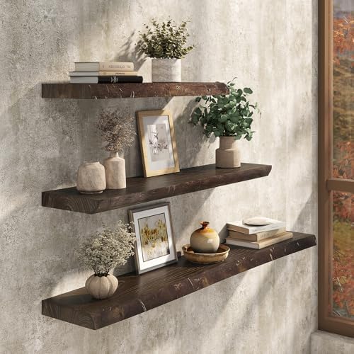 24" Live Edge Floating Shelves, Solid Elm Wood Shelf, Set of 2