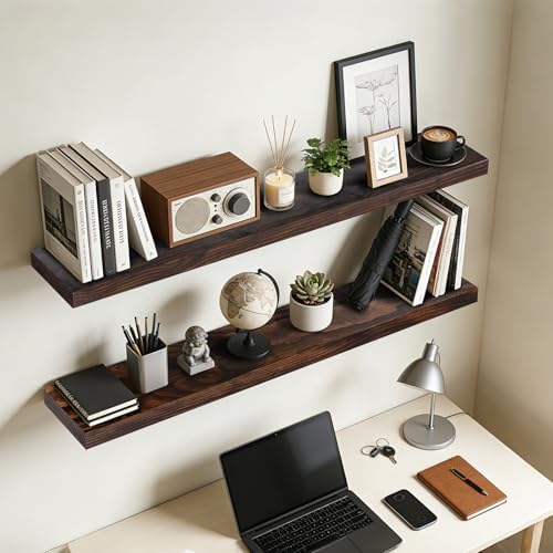 48x6.8x1.7in Solid Wood Floating Wall Shelf Set of 2 Walnut Finish