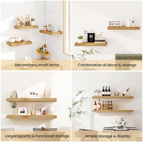 Vivelove Floating Shelves 9 inch Deep 36”Long Set of 2, Oak | Easy Install With Hardware, 1.5" Thick, Invisible Brackets, Wall Mounted, No Sagging, For Any Room