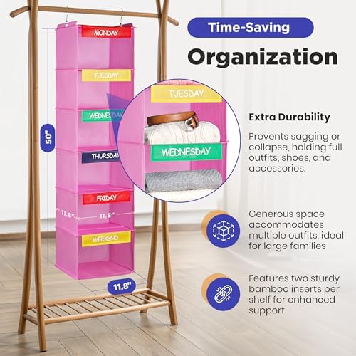 Handy Laundry Weekly Clothes Organizer for Kids, 6-Shelf Bamboo Reinforced