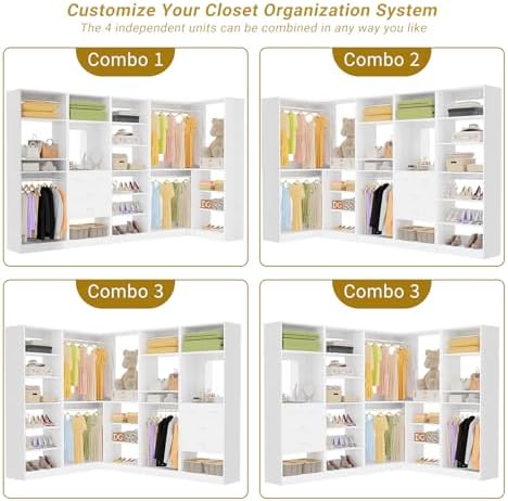 Unikito 110” Closet System with Drawers, 9.3FT Corner Closet Organizer with 4 Hanging Rods, Reversible Large Wood L Shaped Walk in Closets Wardrobe with Shoe Shelves, Max Load 3000LBS, Set of 4, White