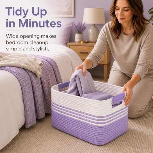 12.8GAL Small Cute laundry basket for nursery, Boho Square storage basket for Living Room Decor, Kids Girls Boys Toys Stuffed Animal Decorative Short Hamper for Dirty Clothes, Bath Towel White Purple