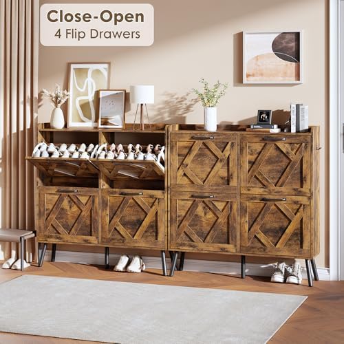 Nicetree Shoe Cabinet Storage for Entryway, Freestanding Shoe Storage Cabinet, Farmhouse Narrow Shoe Rack Cabinet for Entryway, Foyer, Hallway, Shoe Cabinet 4 Flip Drawers