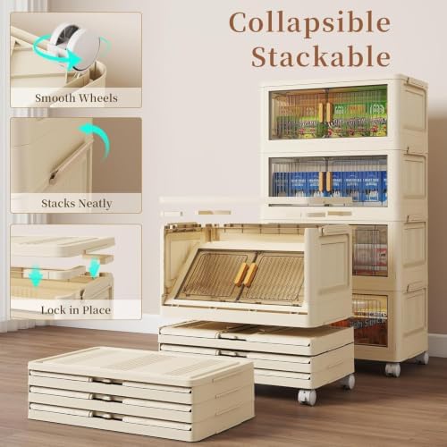 Stackable Plastic Storage Bins with Lids 5 Tier, Collapsible Closet Organizers and Storage with Wheels for Living Room,Office,Dorm 18.9" W x 10.6" D x 46.9" H