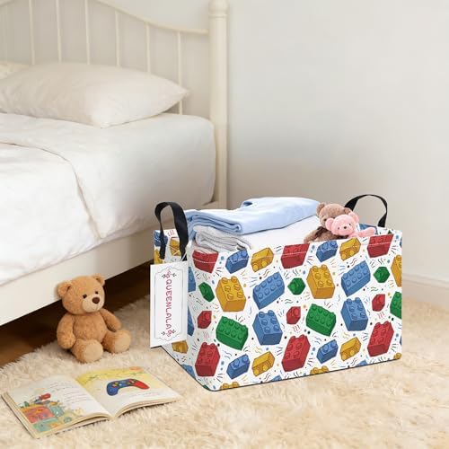 QUEENLALA Rectangular Collapsible Laundry Basket with Side Handles, Blocks