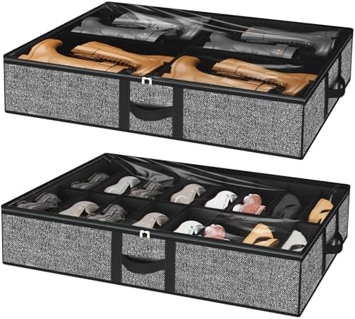 homyfort Under Bed Shoe Storage Organizer Fits 16 Pairs Shoes and 4 Pairs Boots, Underbed Shoe Storage Boxes Bins, Organizador De Zapatos, Extra Large Zapateras Organizer for closet, Black, Set of 2
