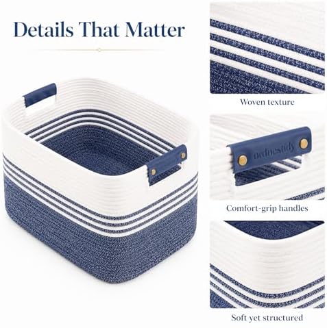 Cotton Rope Laundry Basket Large, 19.2GAL Collapsible Woven Storage Baskets for Living Room Kids Toys Stuffed Animal,Boho Rectangular Decorative Short Hamper for Dirty Clothes, Blankets Denim Blue