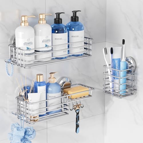 TAILI Shower Caddy Suction Cup, 3 Pack Shelves for Inside with Hooks | Rustproof Silver Storage, Soap Holder, Toothbrush Cups, Removable Bathroom Organizer