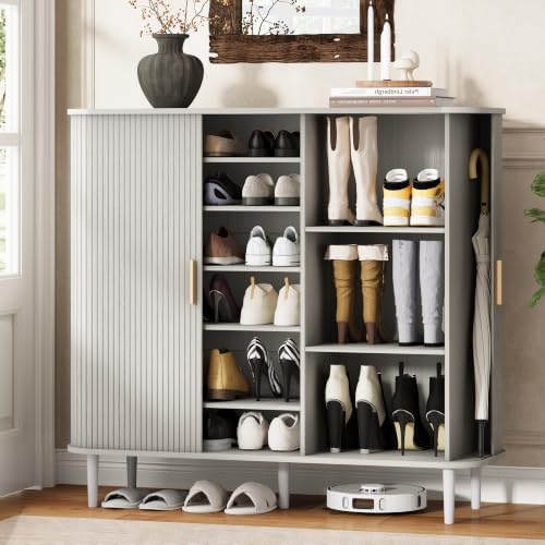 DHH Shoe Storage Cabinet with Sliding Door, 6-Tier Shoe Cabinet with Adjustable Shelves, Modern Freestanding Shoe Storage Organizer for Entryway, Hallway, Living Room (Washed Grey, 47 ")