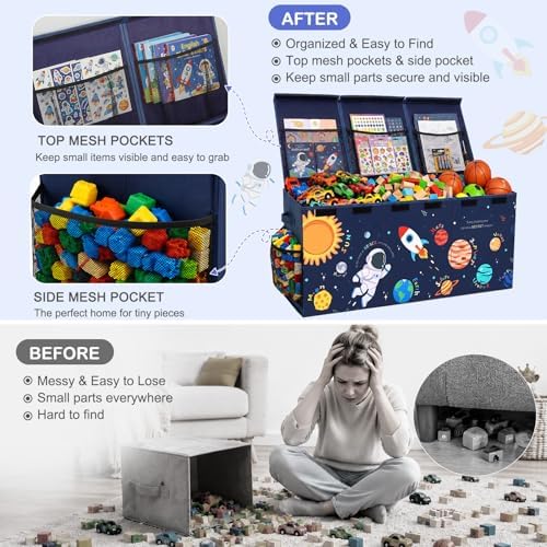 Toy Box with Adjustable Divider Large Toy Chest Storage for Nursery Kidroom | Extra large capacity, removable divider, top and side storage pockets, collapsible design, cute print for playroom decor