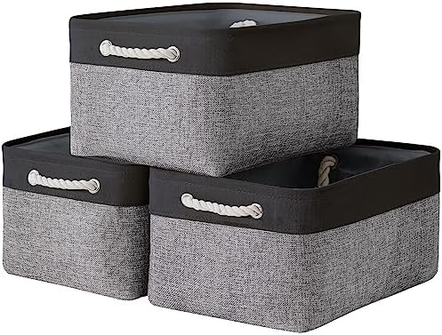 TheWarmHome Collapsible Storage Bin for Shelves - 16x12x8 inch Large 3 Pack Storage Basket for Organizing with Rope, Fabric Storage Cubes for Organizer Toy Cloth Gift Closet (Black & Grey)