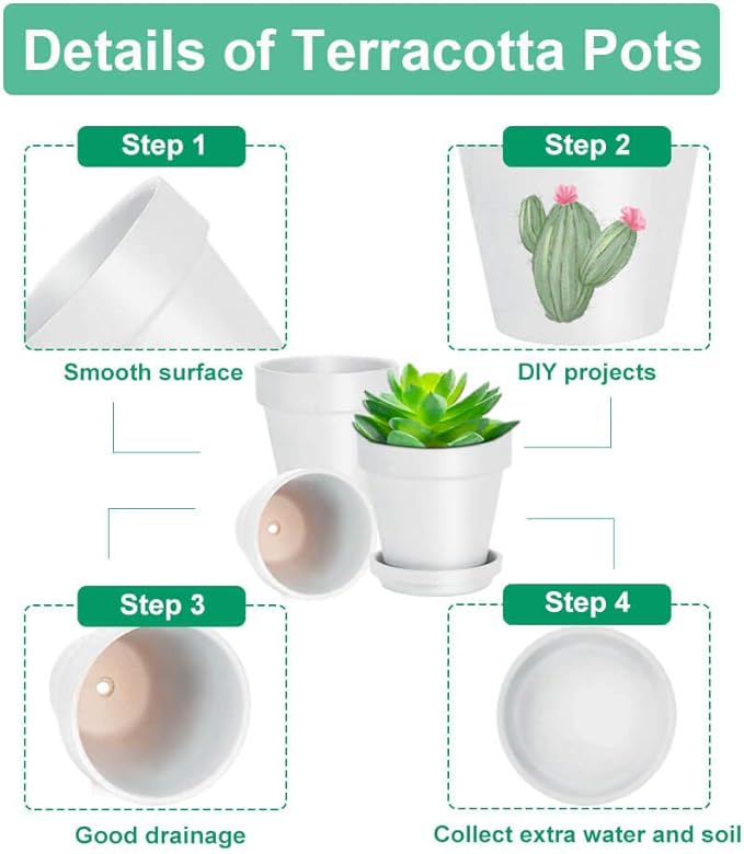 vensovo 4 Inch White Terracotta Plant Pots with Saucer - 6 Pack Clay Flower Pots with Drainage, Great for Plants, Crafts, Wedding Favor
