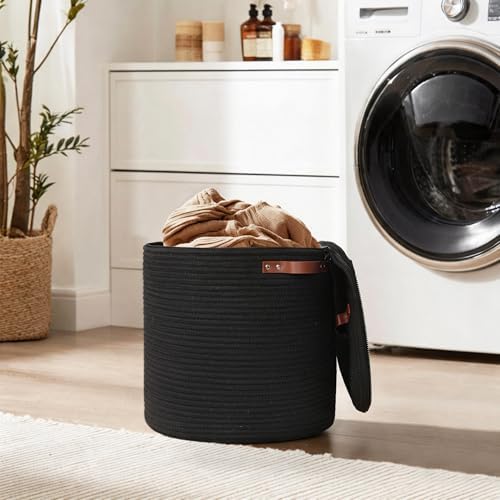 Storage Basket with Lid, 15"x13" Round Woven Blanket Storage for Living Room, Decorative Cotton Rope Hamper with Zipper Top, Black Laundry Basket with Lid, Floor Covered Kids Dog Toy Bin Box